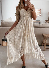 FashionSierra-Sleeveless Backless Irregular Strap Robe Vintage Tassel Floral Lace Summer Beach Vestidos Boho Dress