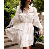 FashionSierra-Vintage Embroidery White Lace Puff Long Sleeve Mini Autumn Elegant Boho Dress