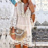 FashionSierra-Vintage Long Sleeve Mini Beach Wear Deep V Tassel Summer Floral Embroidery Lace Vestidos Boho Dress