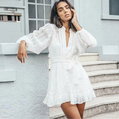 FashionSierra-Mini  White Cotton Lace  Summer   V Neck  Floral Embroidery  Brand   Beach  Vestidos  Boho Dress