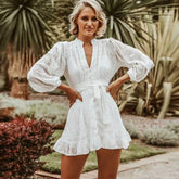 FashionSierra-Mini  White Cotton Lace  Summer   V Neck  Floral Embroidery  Brand   Beach  Vestidos  Boho Dress