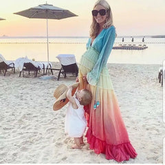 FashionSierra-Chiffon Long Sleeve Maxi Deep V Neck Irregular Rainbow Ruffles Beach Party Vestidos Boho Dress