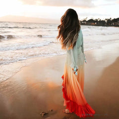 FashionSierra-Chiffon Long Sleeve Maxi Deep V Neck Irregular Rainbow Ruffles Beach Party Vestidos Boho Dress