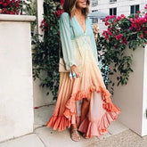 FashionSierra-Chiffon Long Sleeve Maxi Deep V Neck Irregular Rainbow Ruffles Beach Party Vestidos Boho Dress