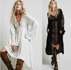 FashionSierra-Long Sleeve   Tunic  Vintage  Floral Embroidered  Cotton  Long  Casual  Hippie  Asymmetric Robe Boho Dress