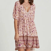 FashionSierra-Pink Floral Print Robe A-line Mini Beach V Neck Short Summer Vintage Loose Casual Boho Dress
