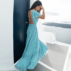 FashionSierra-Backless Maxi Summer Cotton Blue Floral Print Beach V Neck Vestidos Casual Robe Boho Dress