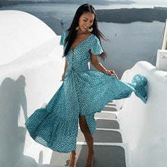 FashionSierra-Backless Maxi Summer Cotton Blue Floral Print Beach V Neck Vestidos Casual Robe Boho Dress