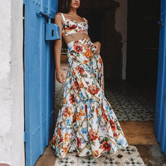 FashionSierra-Sleeveless Maxi   2 Piece Set  Vintage Floral Print  Bohemian  Summer  Vestidos  Beach  Robe   3XL Boho Dress