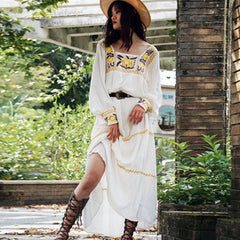 FashionSierra-Tunic White Floral Embroidery Long Sleeve Beach Summer Loose Gypsy Boho Dress