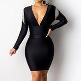 Tassels Detail Designed Plunge Dress V Neck Long Sleeve Bodycon Dress Winter Solid Tight Waist Party Dresses