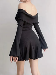 Black Knit Off-Shoulder Loose Slim Fashion Ribbed Dress Knitwear Clothes Female Casual Dress