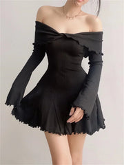 Black Knit Off-Shoulder Loose Slim Fashion Ribbed Dress Knitwear Clothes Female Casual Dress
