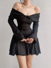 Black Knit Off-Shoulder Loose Slim Fashion Ribbed Dress Knitwear Clothes Female Casual Dress