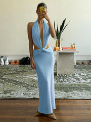 FashionSierra Backless Halter Bodycon Summer Sleeveless Deep V Hollow Out Evening Club Long Casual Dress