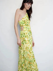 FashionSierra Female Dress Gown Pleated One-Shoulder Sleeveless Summer Party Fashion Solid Maxi Casual Dress