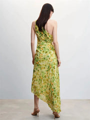 FashionSierra Female Dress Gown Pleated One-Shoulder Sleeveless Summer Party Fashion Solid Maxi Casual Dress