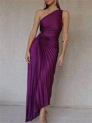 FashionSierra Female Dress Gown Pleated One-Shoulder Sleeveless Summer Party Fashion Solid Maxi Casual Dress