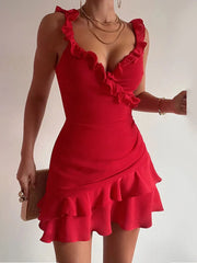 Fashion Ruffled Strapless V-neck Stitching Solid Color High Waist Sexy Party Slin Casual Dress