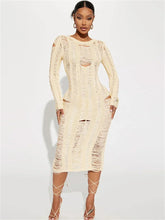 Hollow Out Knit Broken Long Dress Female See-Through Sleeve Slim High Waist Solid Knitwear Casual Dress