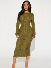 Hollow Out Knit Broken Long Dress Female See-Through Sleeve Slim High Waist Solid Knitwear Casual Dress