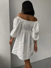 Jacquard V-neck Dress Bubble Sleeve Niche Design Solid Color Ladies Short Casual Dress