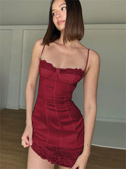 Lace Patchwork Halter WomenHigh Waist Backless Spaghetti Elegant Clothes Summer Mini New Casual Dress