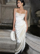 Lace Printed Spaghetti Long Dress For Backless High Waist Elegant Split Satin Pleated Halter Casual Dress