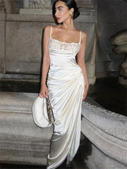 Lace Printed Spaghetti Long Dress For Backless High Waist Elegant Split Satin Pleated Halter Casual Dress