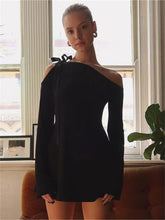 Off-Shoulder Ruffled Bandage Mini For Long Sleeve Patchwork Lace-Up Solid Casual Dress