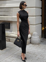 Pleated Slim Maxi For Sleeveless Sexy Split Hip Wrap Vacation Long Casual Dress