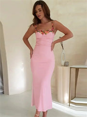 Printed Bandage Long Dress Female Slim Sleeveless High Waist Spaghetti Patchwork Party Casual Dress