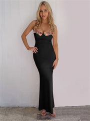 Printed Bandage Long Dress Female Slim Sleeveless High Waist Spaghetti Patchwork Party Casual Dress