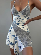 Printed Lace V-Neck Halter Dresses For Backless Patchwork High Waist Split Fashion Spaghetti Party Casual Dress