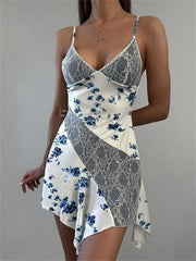 Printed Lace V-Neck Halter Dresses For Backless Patchwork High Waist Split Fashion Spaghetti Party Casual Dress