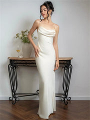 Spaghetti Long Dress Backless Pleated Solid High Waist Elegant Party Halter Fashion New Casual Dress