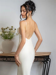 Spaghetti Long Dress Backless Pleated Solid High Waist Elegant Party Halter Fashion New Casual Dress