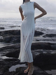 Knit Maxi Female Hollow Out Sleeveless Knitwear Elegant Pullover Casual Dress