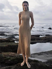 Knit Maxi Female Hollow Out Sleeveless Knitwear Elegant Pullover Casual Dress