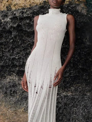 Knit Maxi Female Hollow Out Sleeveless Knitwear Elegant Pullover Casual Dress