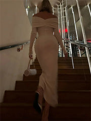 Pleated Slim Maxi Elegant For Patchwork Off-Shoulder Fashion Ladies Solid Party Casual Dress