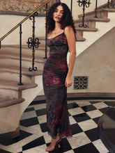 Split Print Long Spaghetti Strap Nightclub Slim Bodycon Summer Maxi Dress