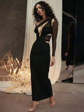 Mesh Patchwork Slim Bodycon One Shoulder Autumn Winter Long Midi Dress