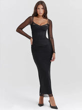 Mesh Pleated Slim Bodycon Long Backless Nightclub Party Maxi Dress