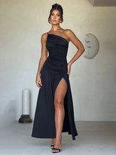 One Shoulder Pleated Spring Summer Long Split Backless Midi Dress