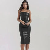 PU Leather Long Slim Bodycon Summer Spaghetti Strap Midi Dress