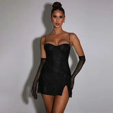 Glitter Spaghetti Strap Summer Strapless Nightclub Slim Split Party Mini Dress