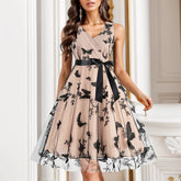 V Neck Belt Sleeveless A-Line Vintage Butterfly Embroidery Mesh Patchwork Party Dress For Woman Summer