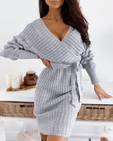 V-Neck Surplice Wrap Ribbed Batwing Sleeve Sweater Bodycon Dress