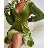 Velvet Mesh Puff Sleeves Deep V Neck A-line Skirt